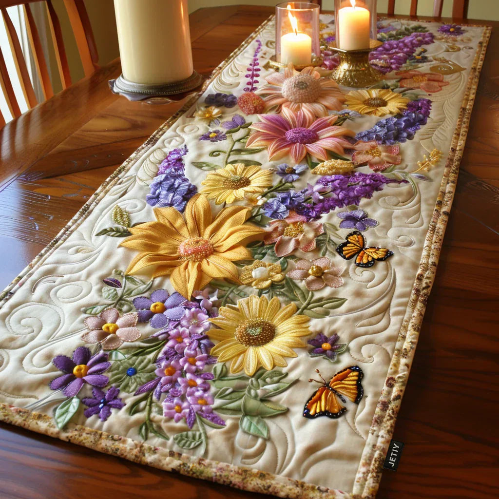 Caminho de mesa acolchoado - Jardim em Flores