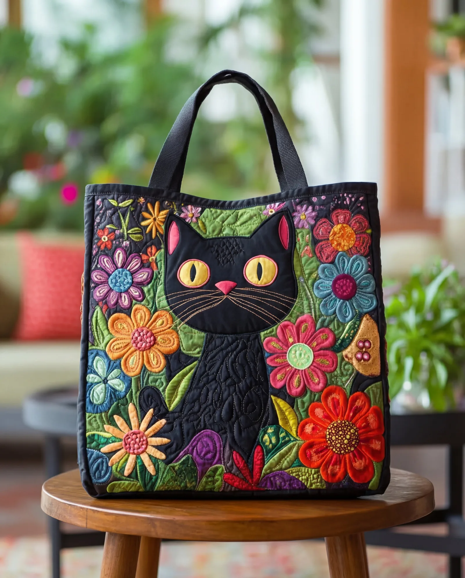 Bolsa Artesanal Acolchoada “Gato Preto Encantado”