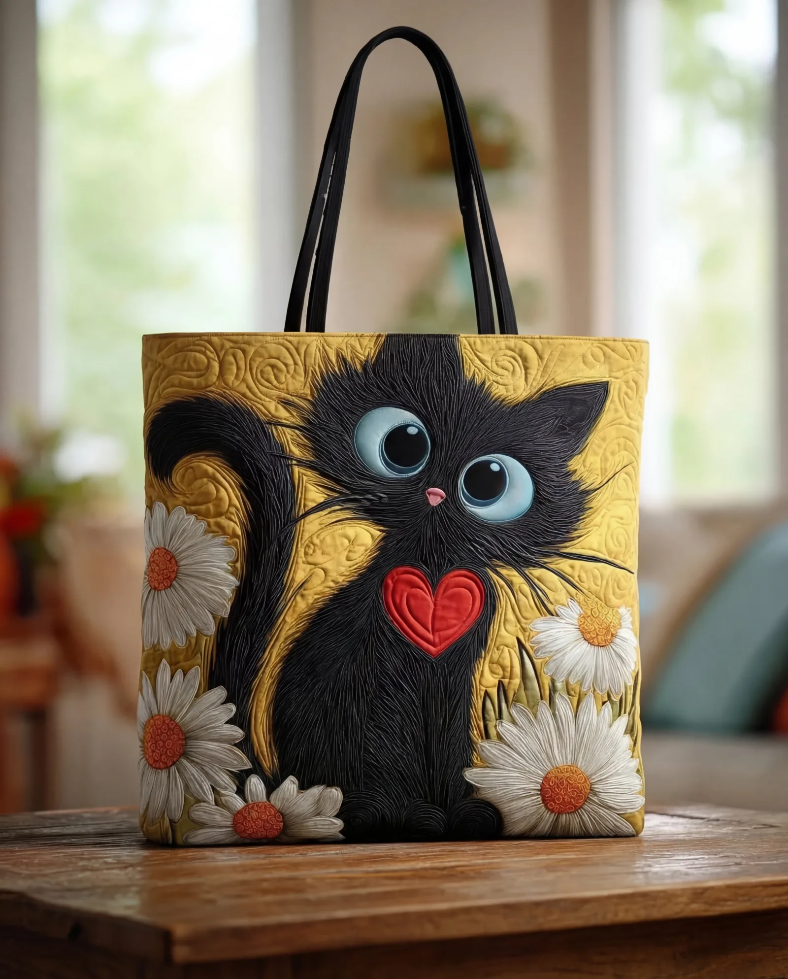 Bolsa Artesanal “Gato Preto com Coração e Margaridas”